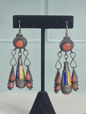 Antique Berber Kabyle Algerian Sterling Silver Coral Enamel Drop Earrings